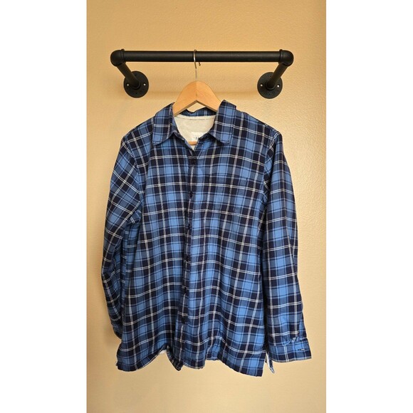 Men's LL Bean Fleece Lined Flannel Shirt Blue & White Button Up Shaket sz small - Picture 1 of 8